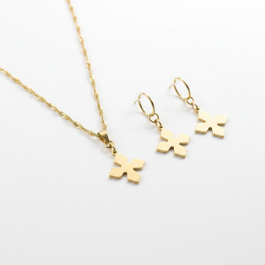 Gold Cross Necklace & Earrings – Minimal