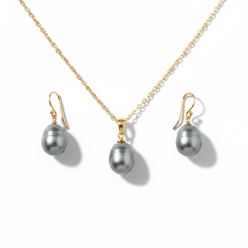 Grey Pearl Necklace & Earrings Set